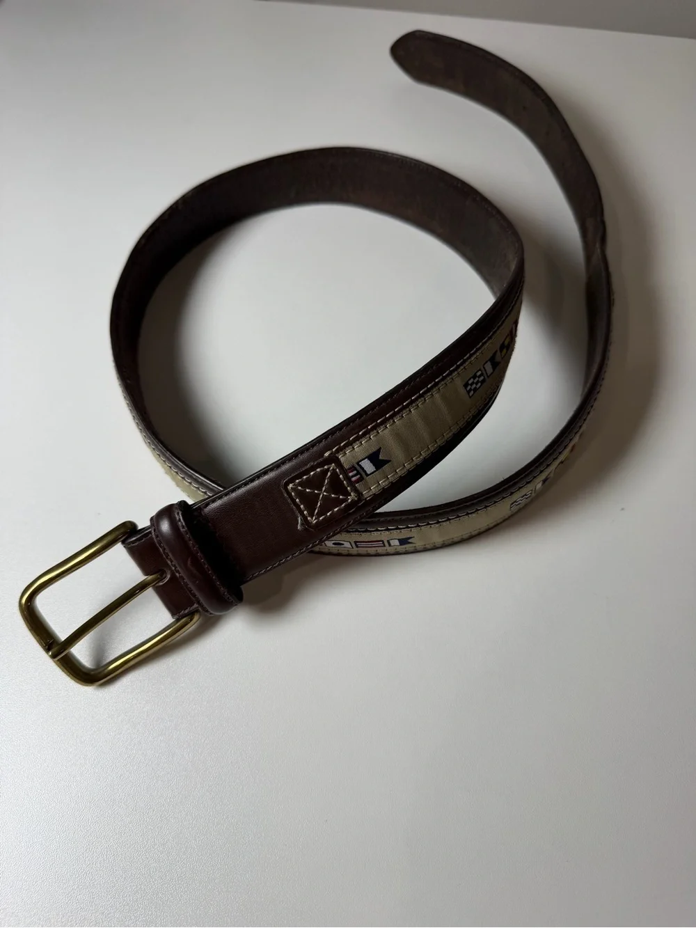 Vintage Leatherman Nautical Theme Sailing Flags Brown Leather Belt Canvas Inlay